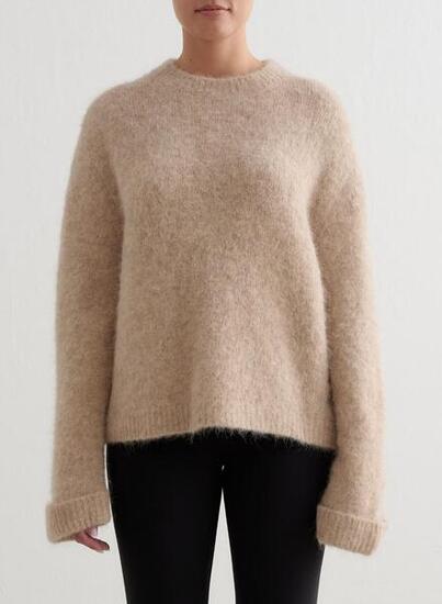 Femme Pull en Maille de Laine d'Alpaga Beige Foncé