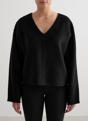 Damen Woll-Sweatshirt mit V-Ausschnitt Schwarz