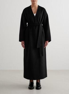 Damen Langer Wollmantel mit Gürtel Schwarz