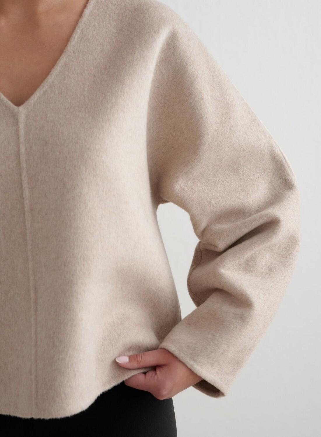 Femme Sweat-shirt en Laine à col en V Beige Foncé 5/6