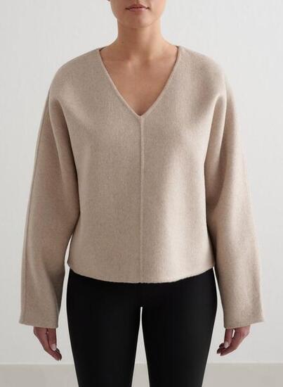 Damen Woll-Sweatshirt mit V-Ausschnitt Schwarz