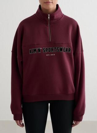 Damen Sweatshirt mit halbem Reißverschluss Varsity Schokolade