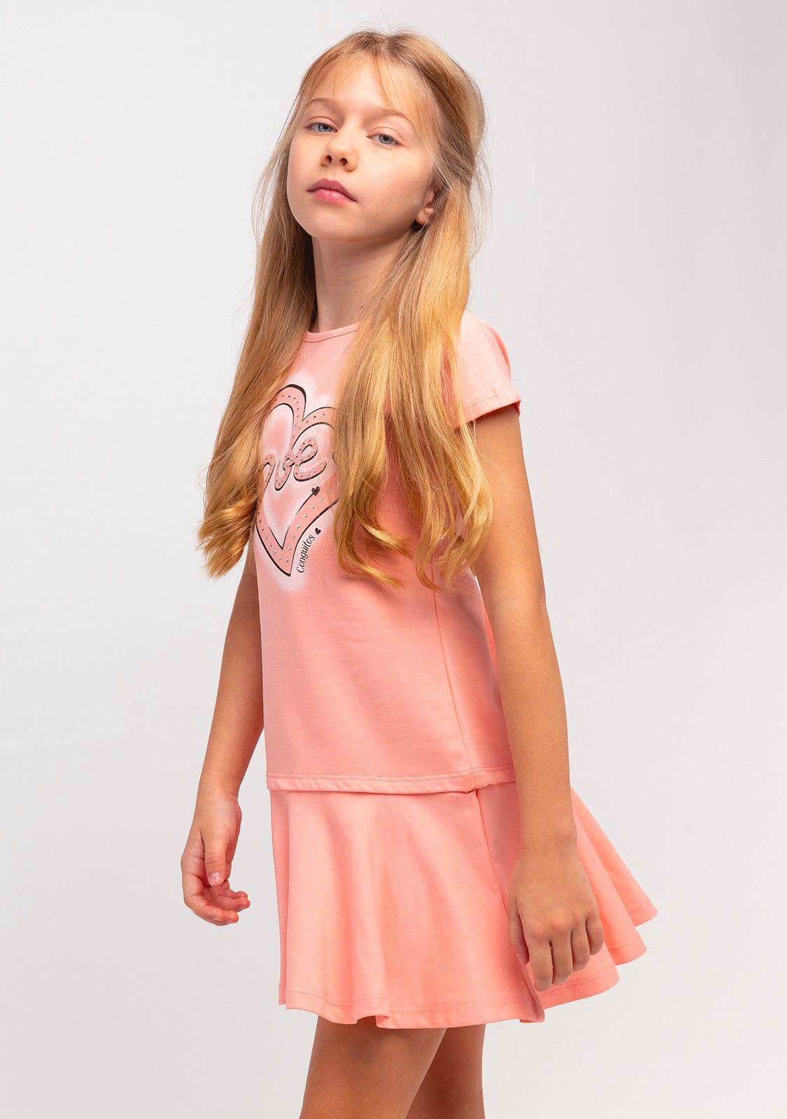 Vestido De Niña Con Estampado De Corazón Naranja 3/5