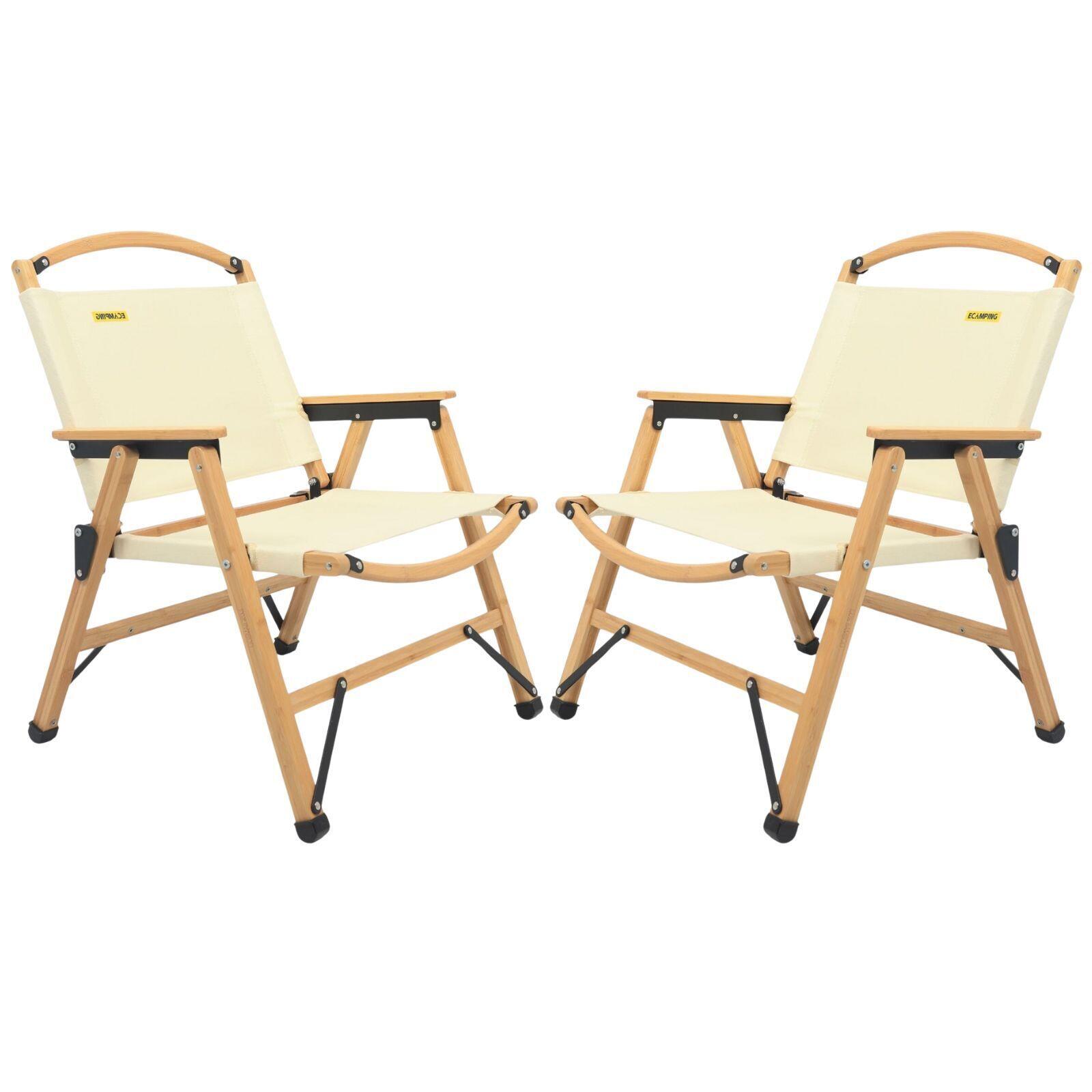 2x Bamboo Canvas Foldable Outdoor Camping Chair Wooden Picnic Park - Khaki/Beige