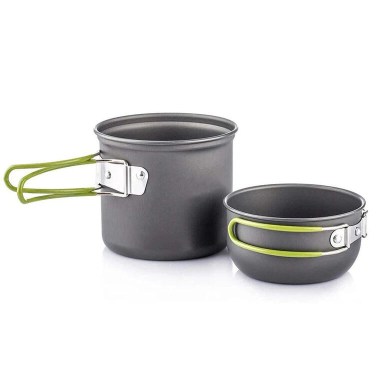 Lightweight camping pot and bowl set with foldable handles