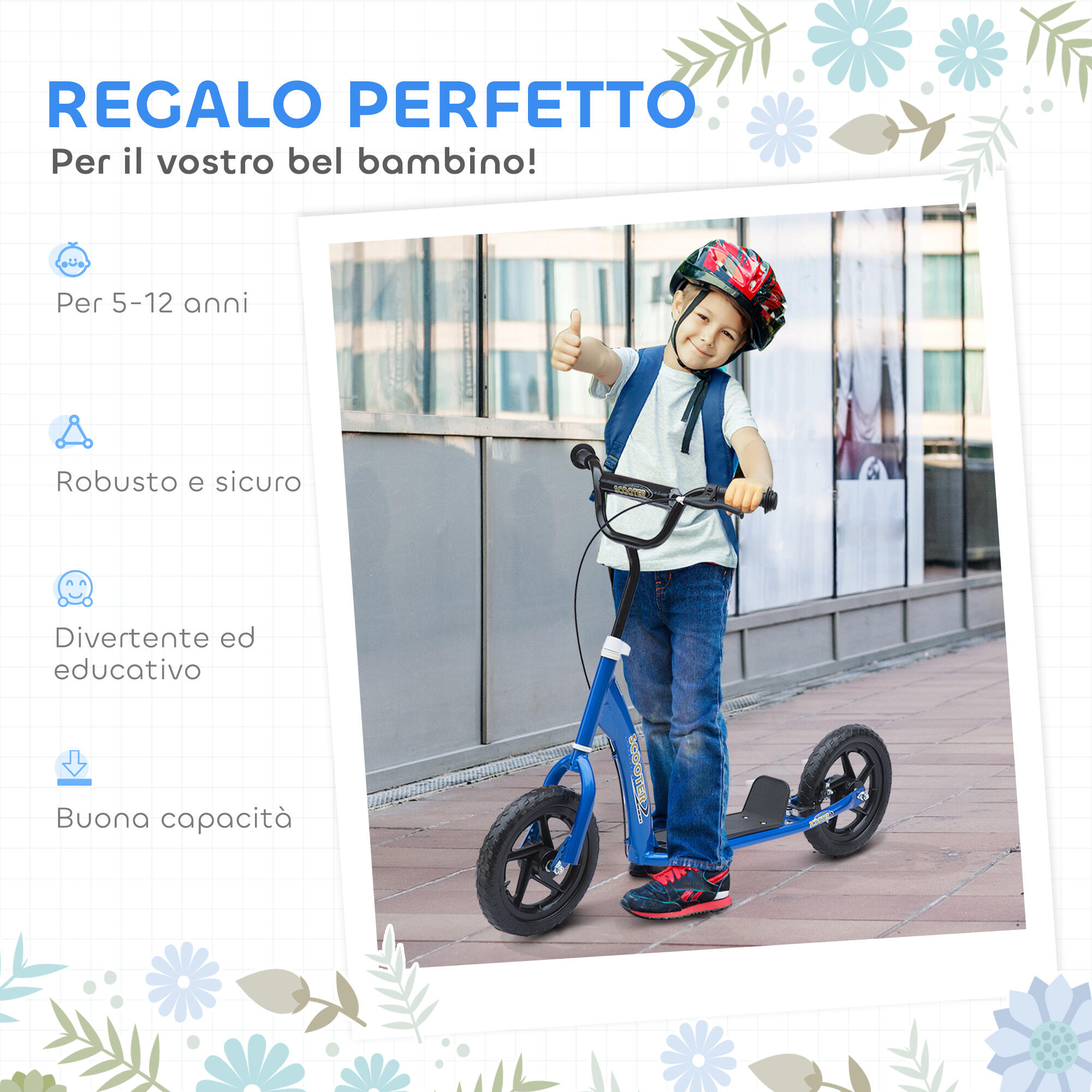 HOMCOM Monopattino per Bambini con Freno Posteriore e Manubrio Regolabile Blu 7/7