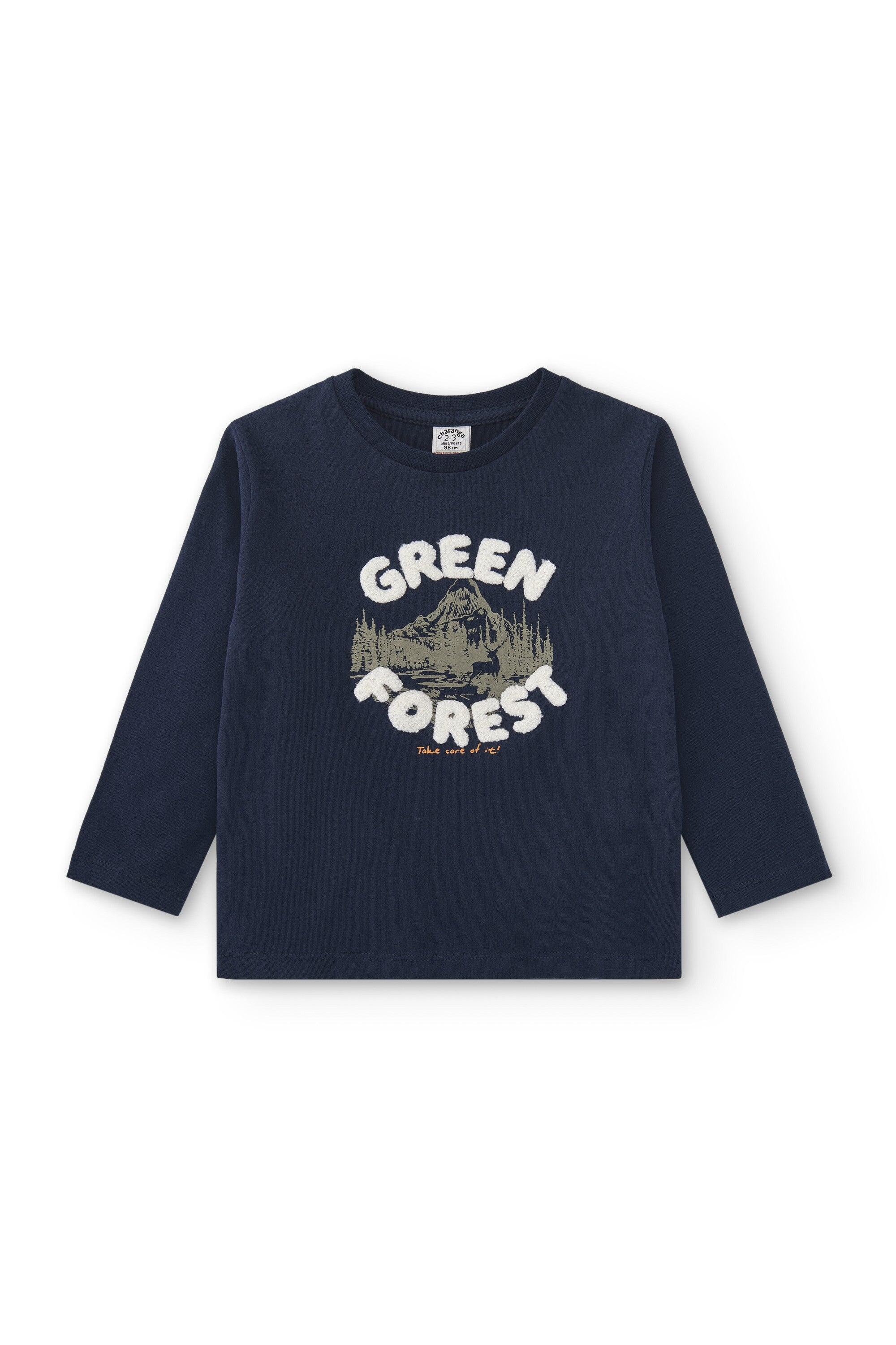 Camiseta infantil de manga comprida azul marinho com estampa de floresta 2/5