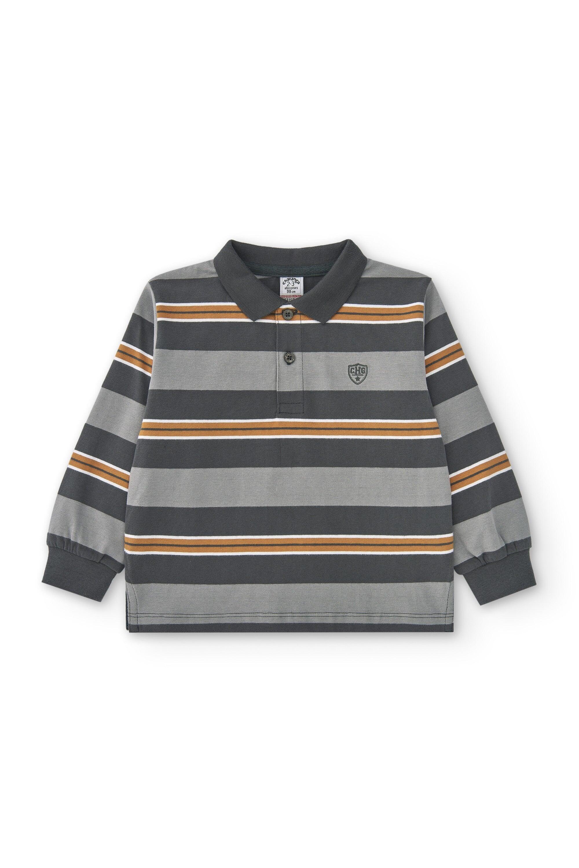 Camisa polo cinza infantil com listras laranja e 2/4