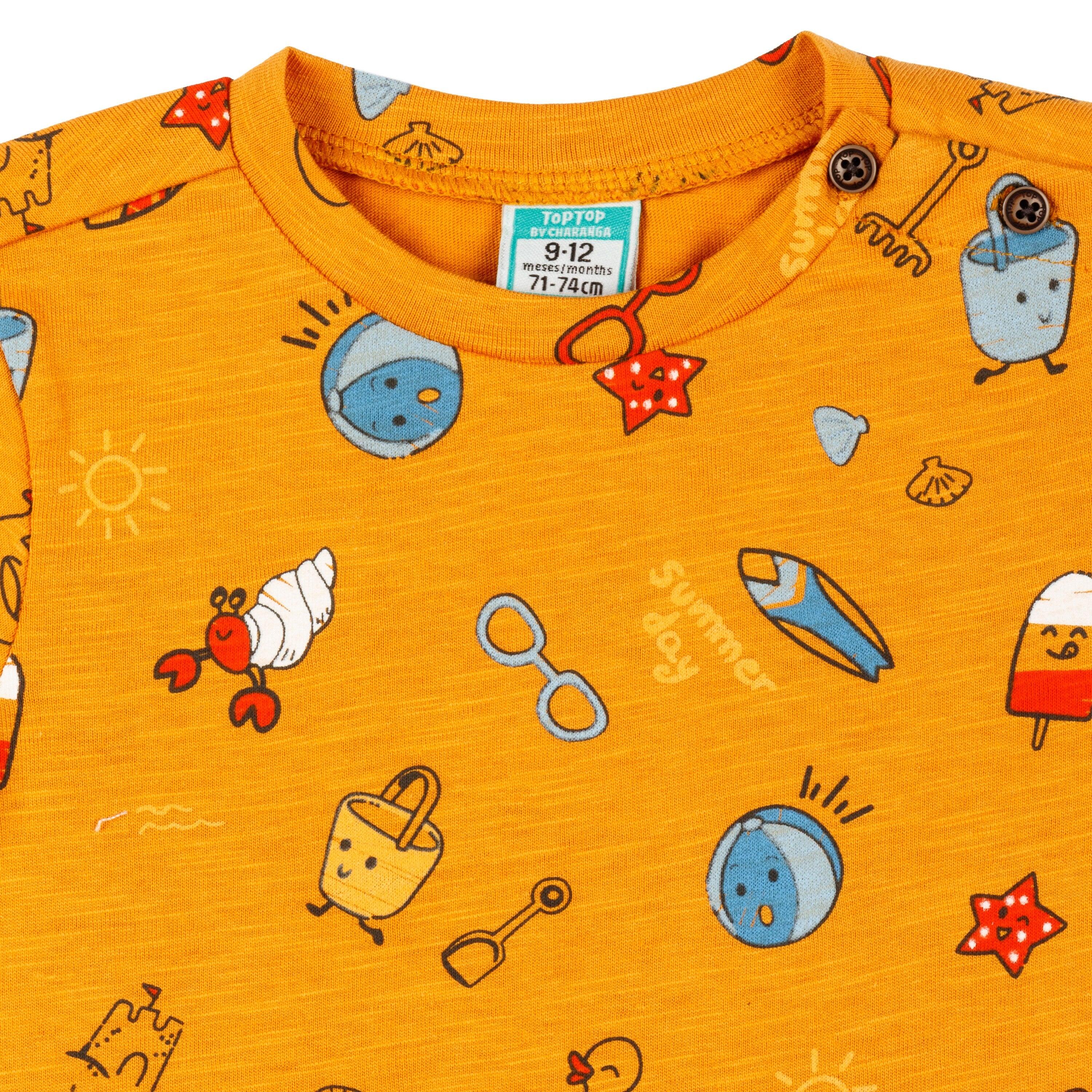 Camiseta bebé niño naranja con estampado de playa 3/4