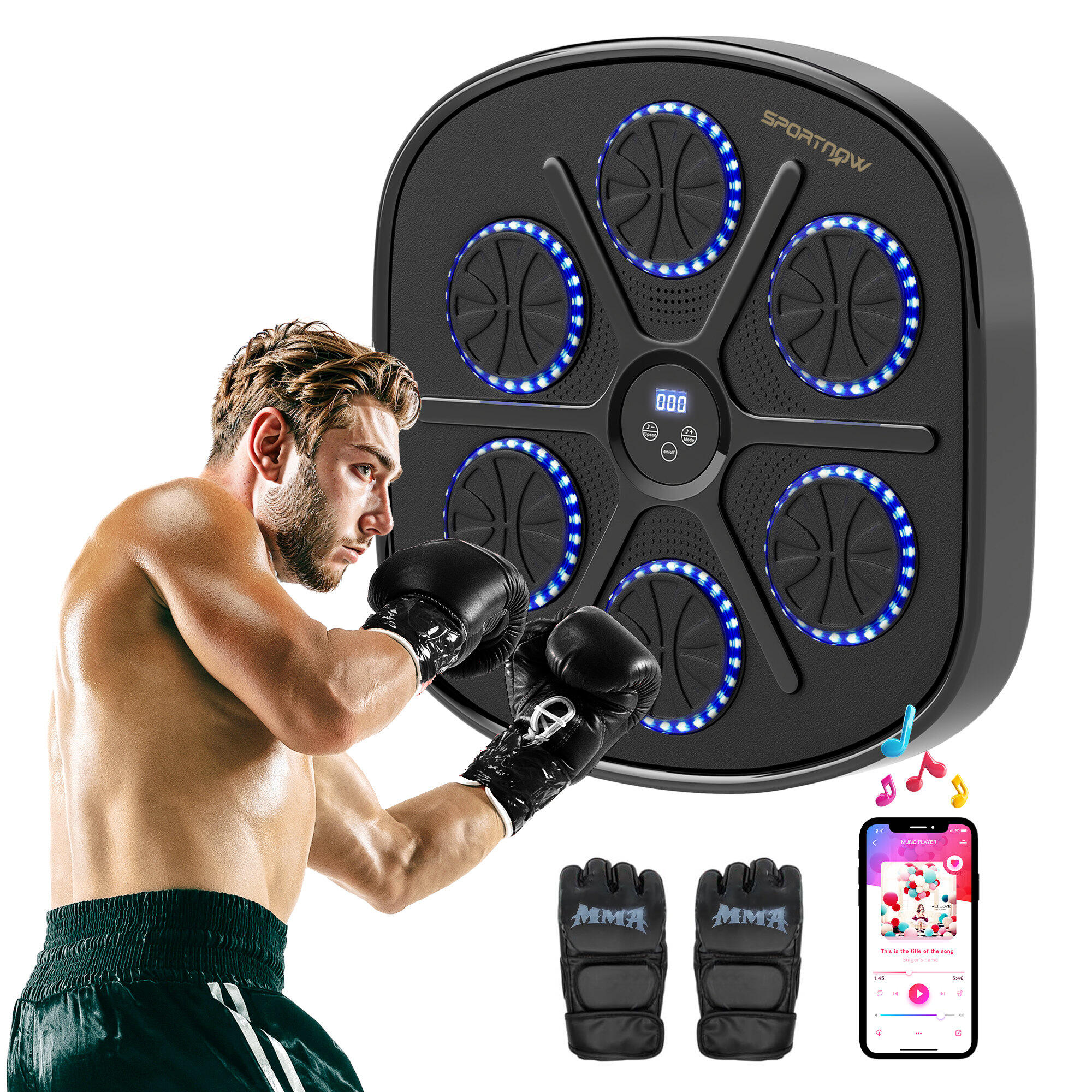 SPORTNOW Máquina de Boxe Musical com 9 Modos de Velocidade Luvas e Conexão Bluetooth