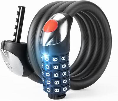 Lucchetto per bicicletta con cavo e combinazione a 5 cifre e LED