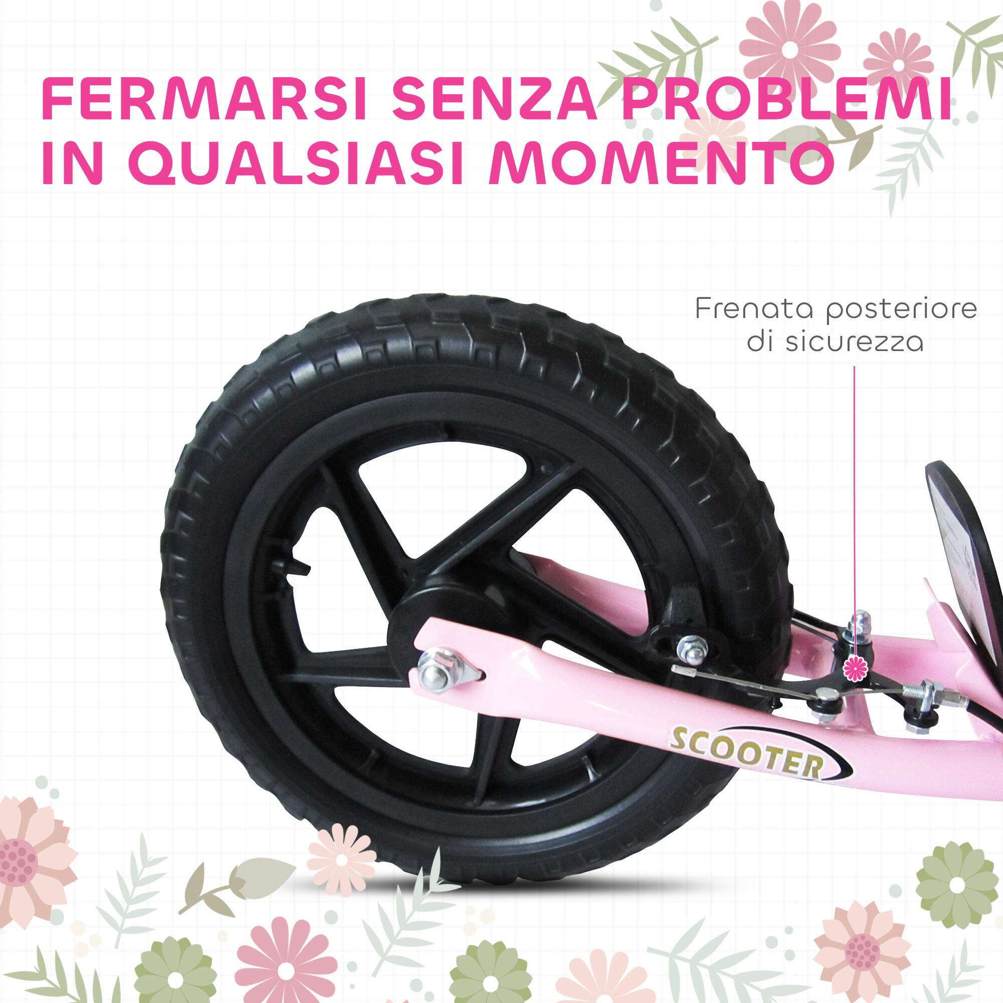 HOMCOM Monopattino per Bambini con Freno Posteriore e Manubrio Regolabile Rosa 6/7