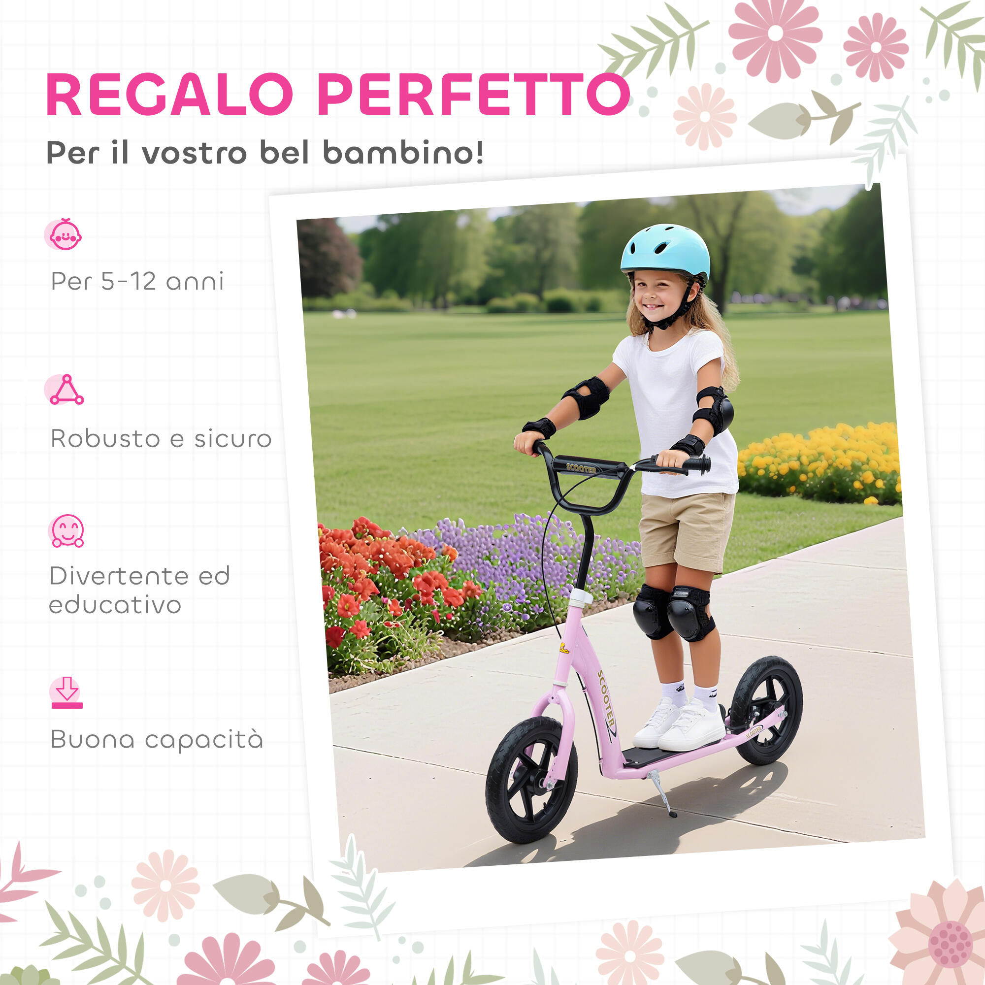 HOMCOM Monopattino per Bambini con Freno Posteriore e Manubrio Regolabile Rosa 7/7