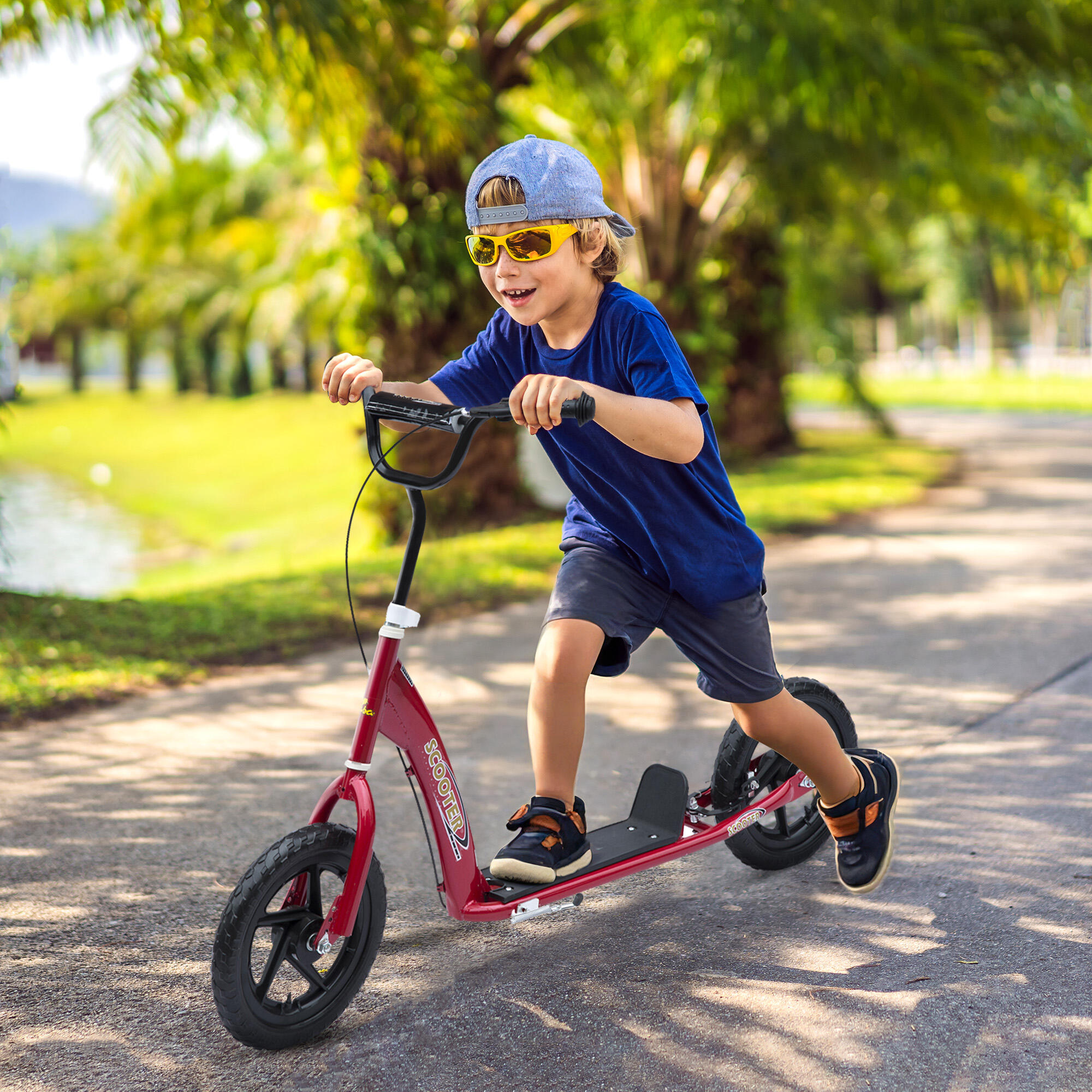 HOMCOM Monopattino per Bambini con Freno Posteriore e Manubrio Regolabile Rosso 2/7