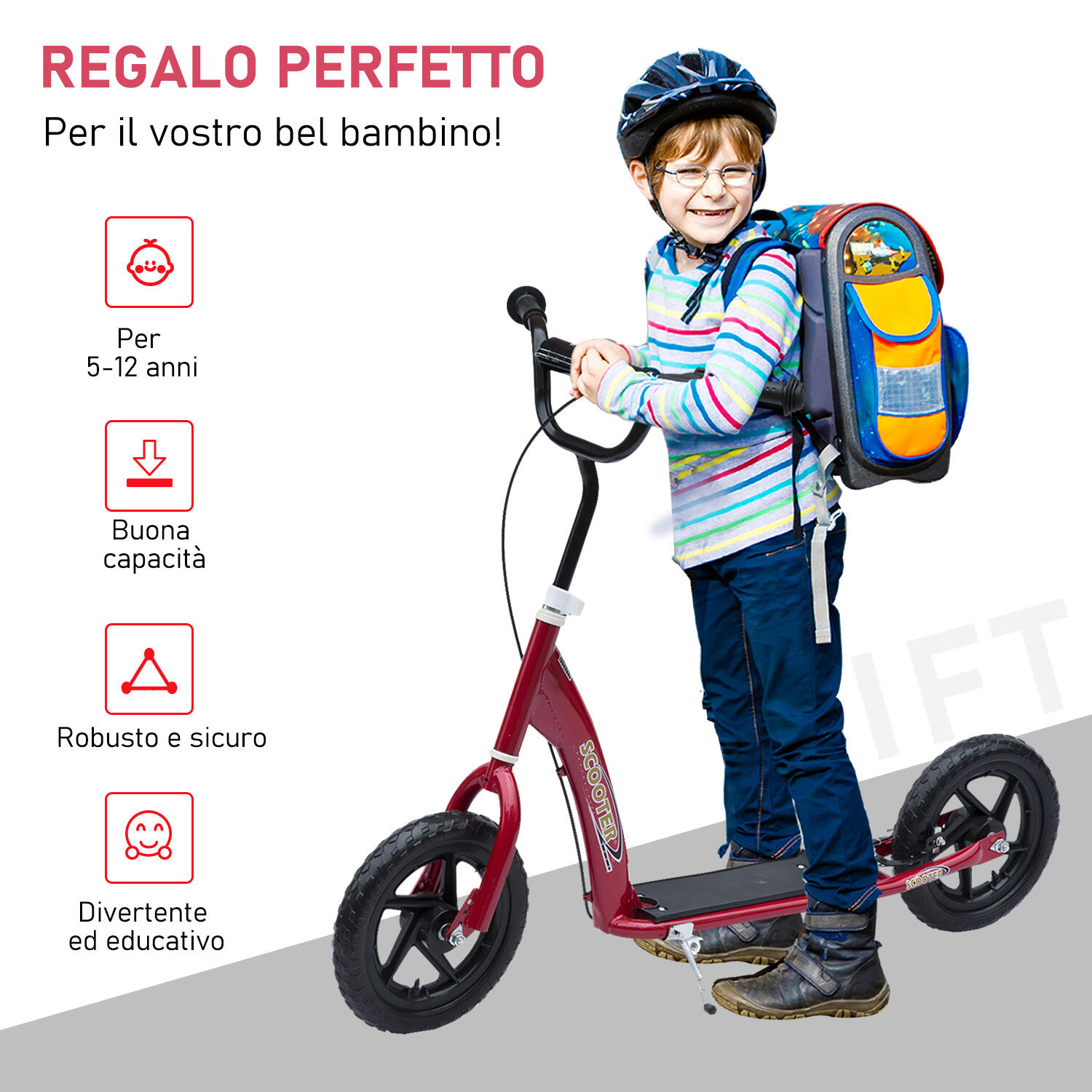 HOMCOM Monopattino per Bambini con Freno Posteriore e Manubrio Regolabile Rosso 5/7