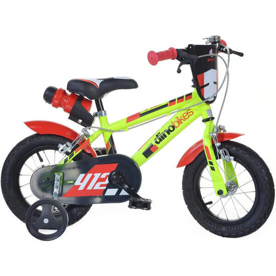 Gele kinderfiets van 30 cm (12 inch) - Dino Bikes 412US-03 met zijwieltjes