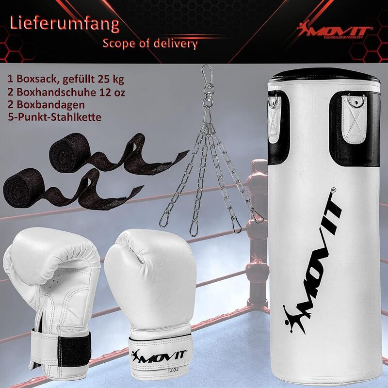 Set sac de box, manusi, bandaje, MOVIT®, 25 kg, pentru adulti, alb