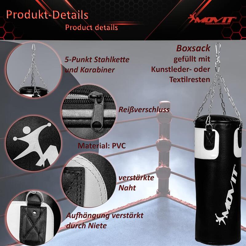 Set sac de box, manusi, bandaje, MOVIT®, 25 kg, pentru adulti, alb