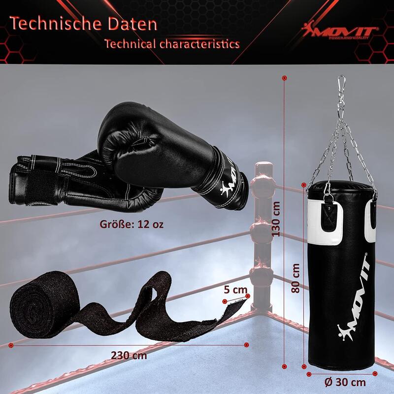 Set sac de box, manusi, bandaje, MOVIT®, pentru adulti, negru