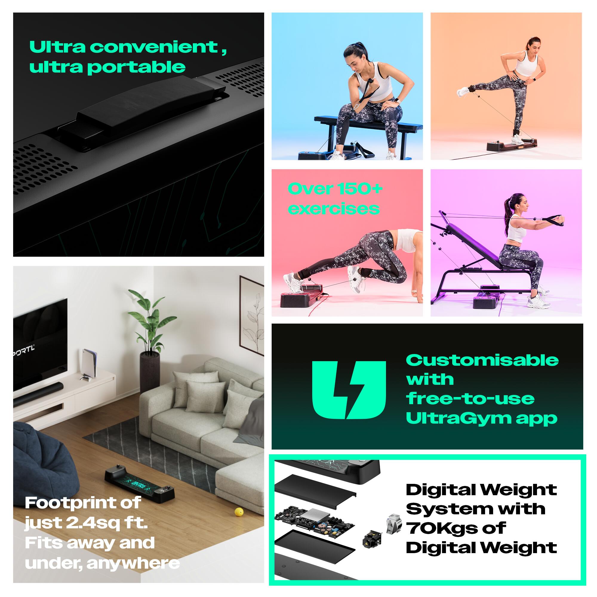 Portl UltraGym Performance Combo | All-in-One Smart Home Gym | Upto 70 kgs of Digital Weights | 150 + Exercises | Full Body Workout | Compact Multipurpose Portable Fitness Equipment | Strength Training System