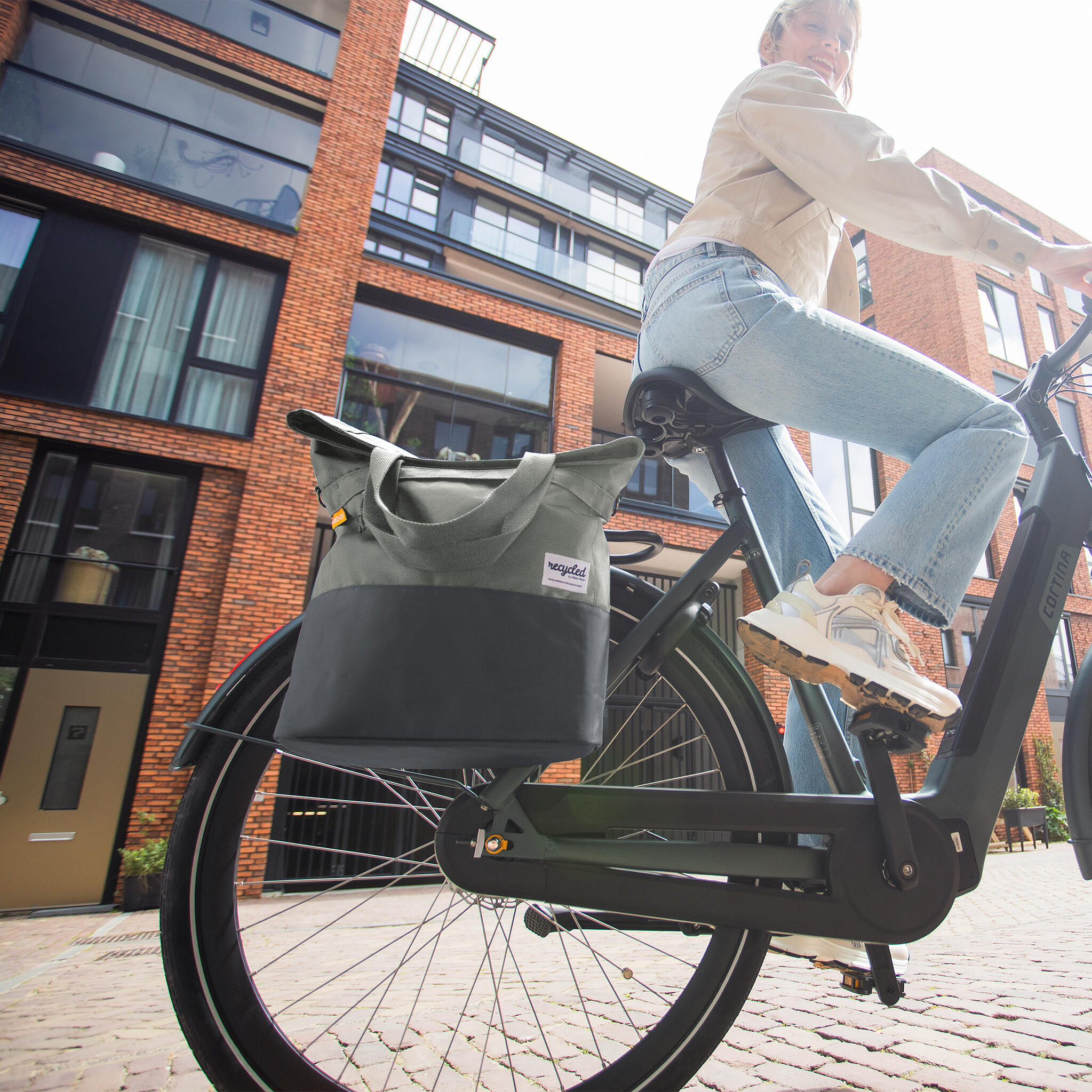 Torba Rowerowa Shopper Z Recyklingu 20 Litrów - Zielona/Szara