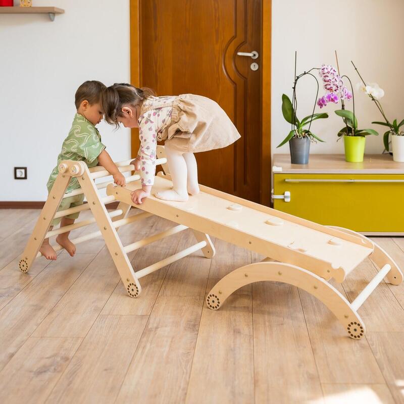 Set de Catarare Montessori 3in1 : Triunghi Pikler 4 module + Arca/Balansoar + Ra