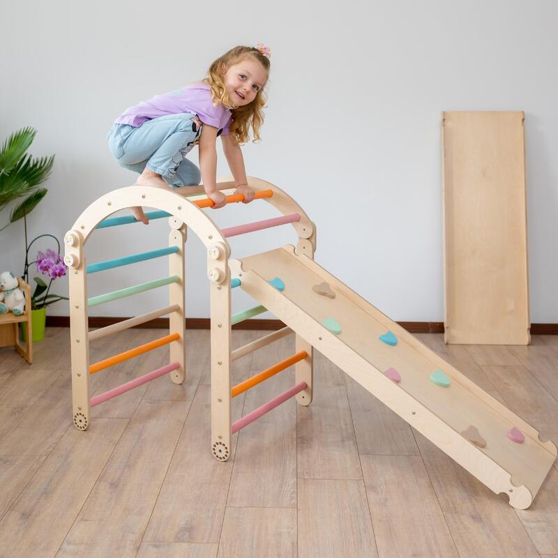 Set de Catarare Montessori 3in1 : Triunghi Pikler 2 module + Arca/Balansoar + Ra