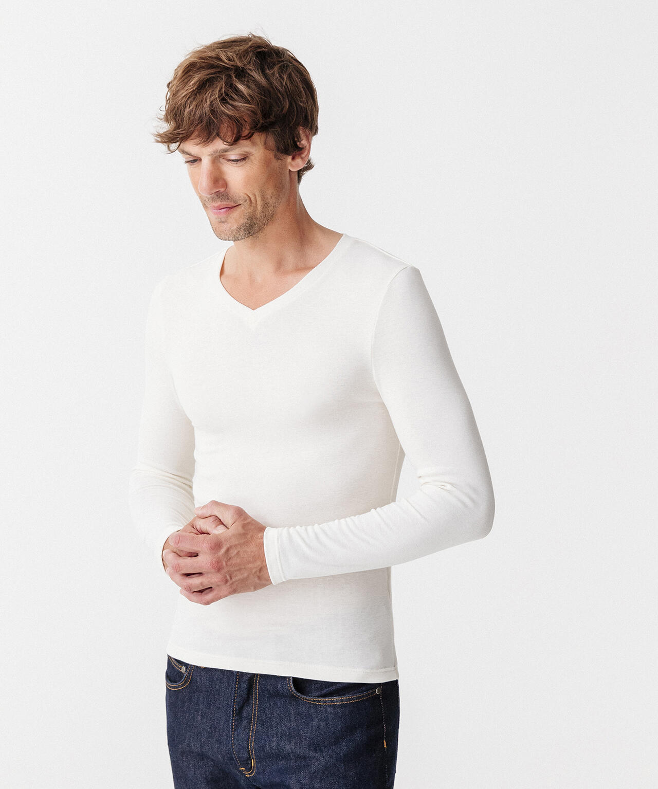 T-shirt col V manches longues fine côte thermique Thermolactyl Sensitive 2/4