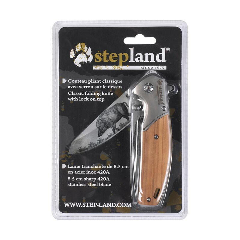 Couteau de chasse pliant lame acier inox 8cm manche bois 2/4