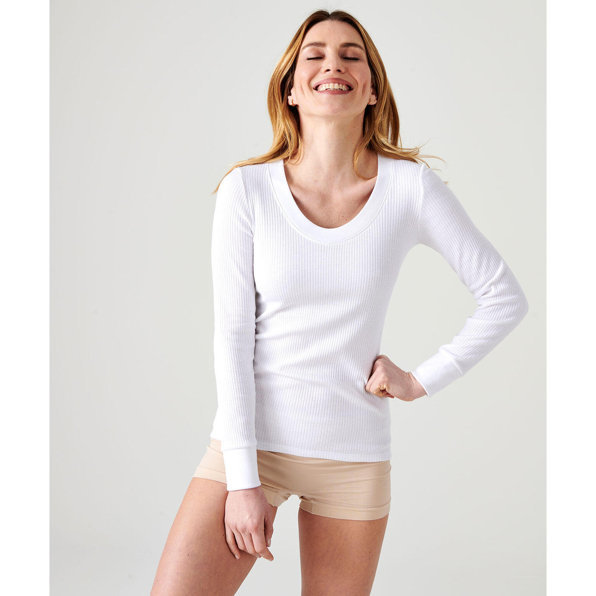Damart - T-shirt Thermique Thermolactyl Côtes Molletonnées, Col Dégagé - Sous Maillot Manche Longue - Blanc - Decathlon