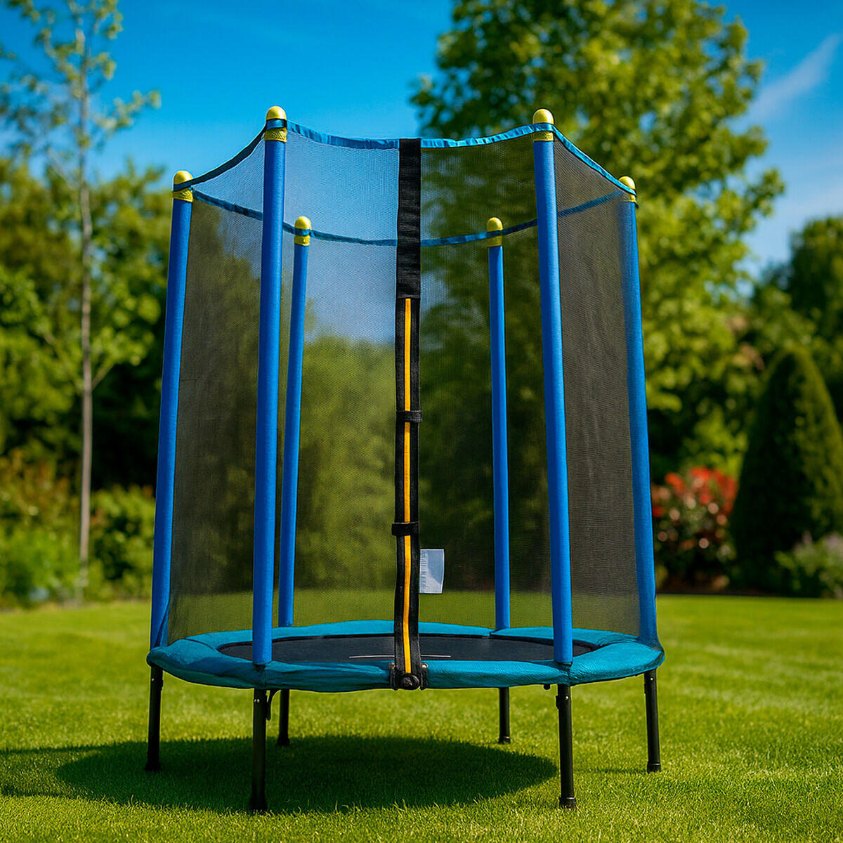 Trampoline Rond Dreamade 140 Cm – Filet De Sécurité, Revêtement PVC, Charge 50 Kg, Pour Enfant, Bleu/rouge, Intérieur/extérieur