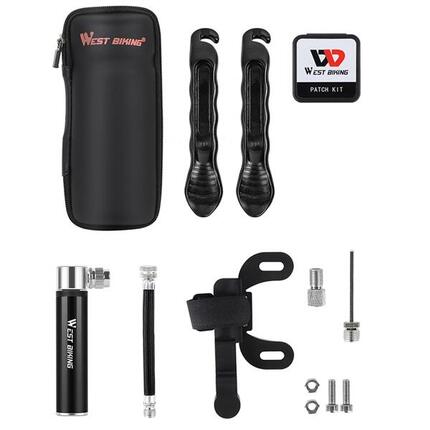 Kit réparation vélo avec pompe, démonte-pneus, rustines, sac