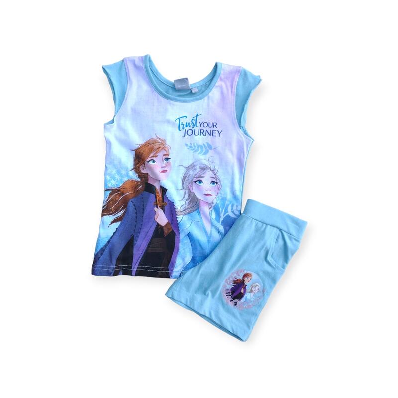 Set doua piese tricou si pantaloni scurti, 100% bumbac, albastru, Frozen