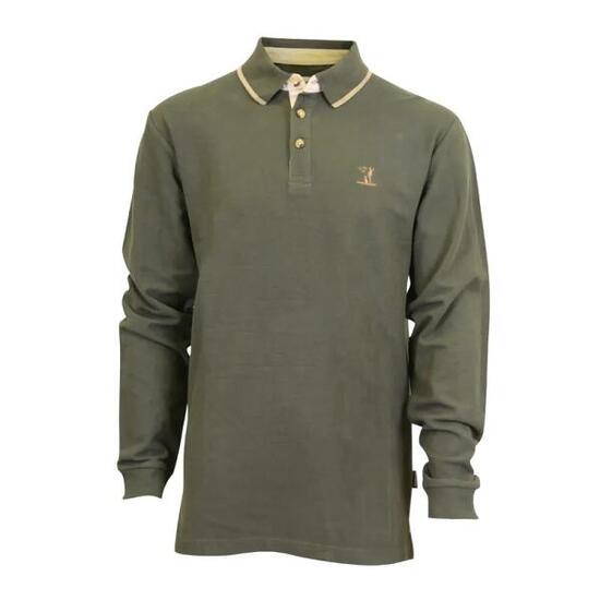 Polo brodé manches longues 3 boutons coton piqué kaki S à 3XL