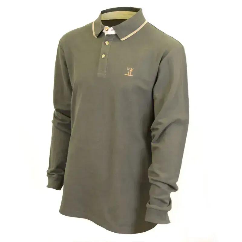 Polo brodé manches longues 3 boutons coton piqué kaki S à 3XL 2/4