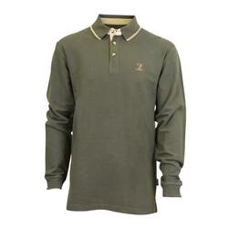 Polo brodé manches longues 3 boutons coton piqué kaki S à 3XL