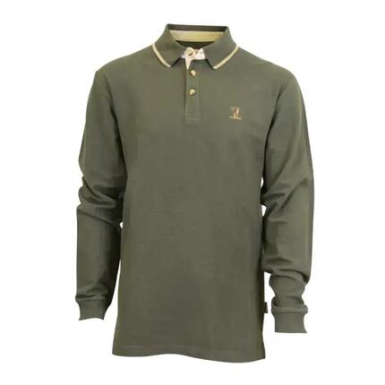 Polo brodé manches longues 3 boutons coton piqué kaki S à 3XL
