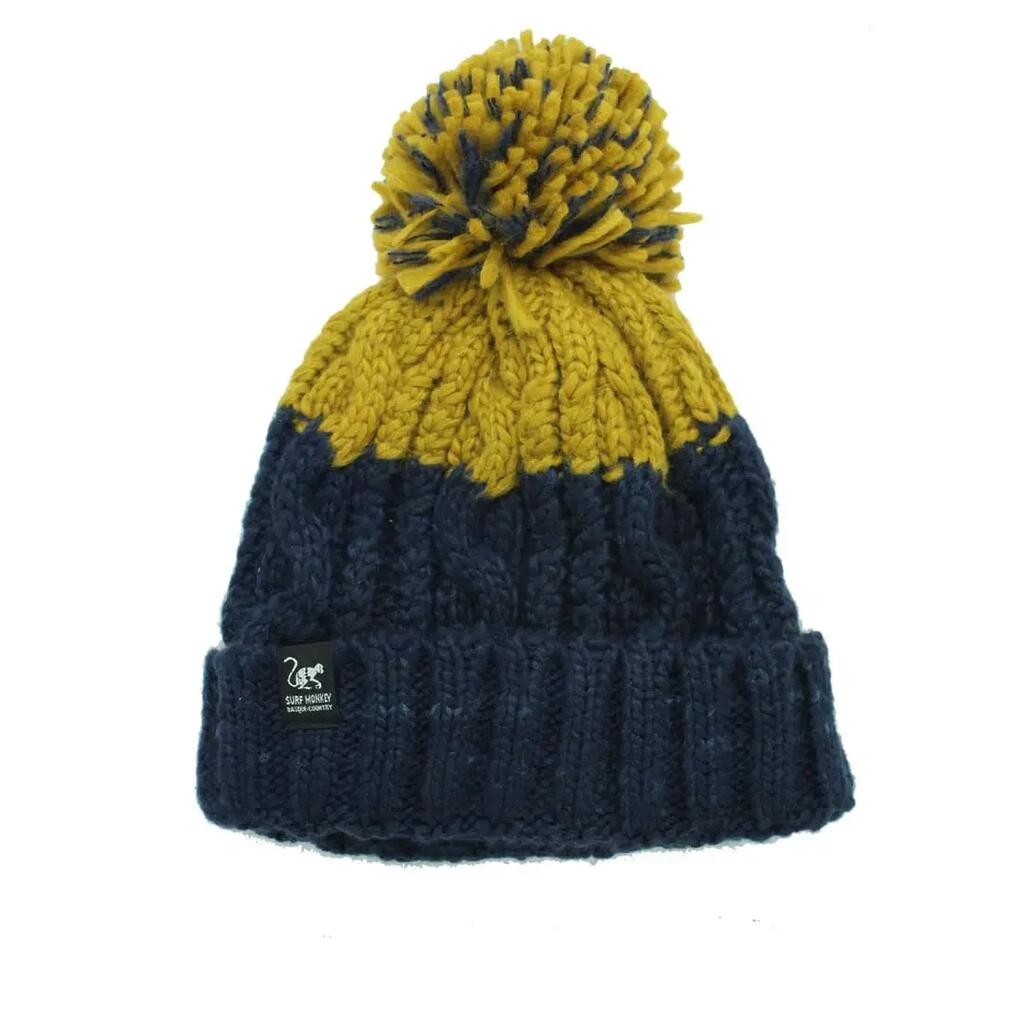 Pompom Hat - One Size - Inner Lining - Unisex (Navy/Mustard)