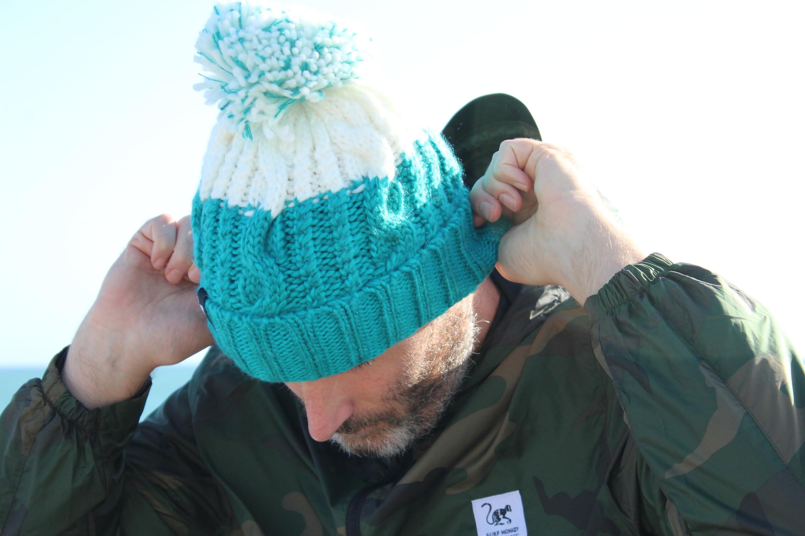 Berretto con pompon - Taglia unica - Fodera interna - Unisex (Verde/Bianco) 5/6