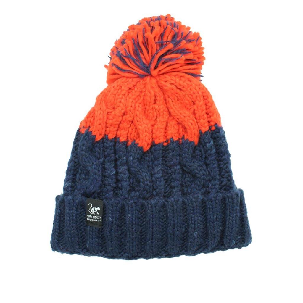 Pompom Hat - One Size - Inner Lining - Unisex (Navy/Orange)