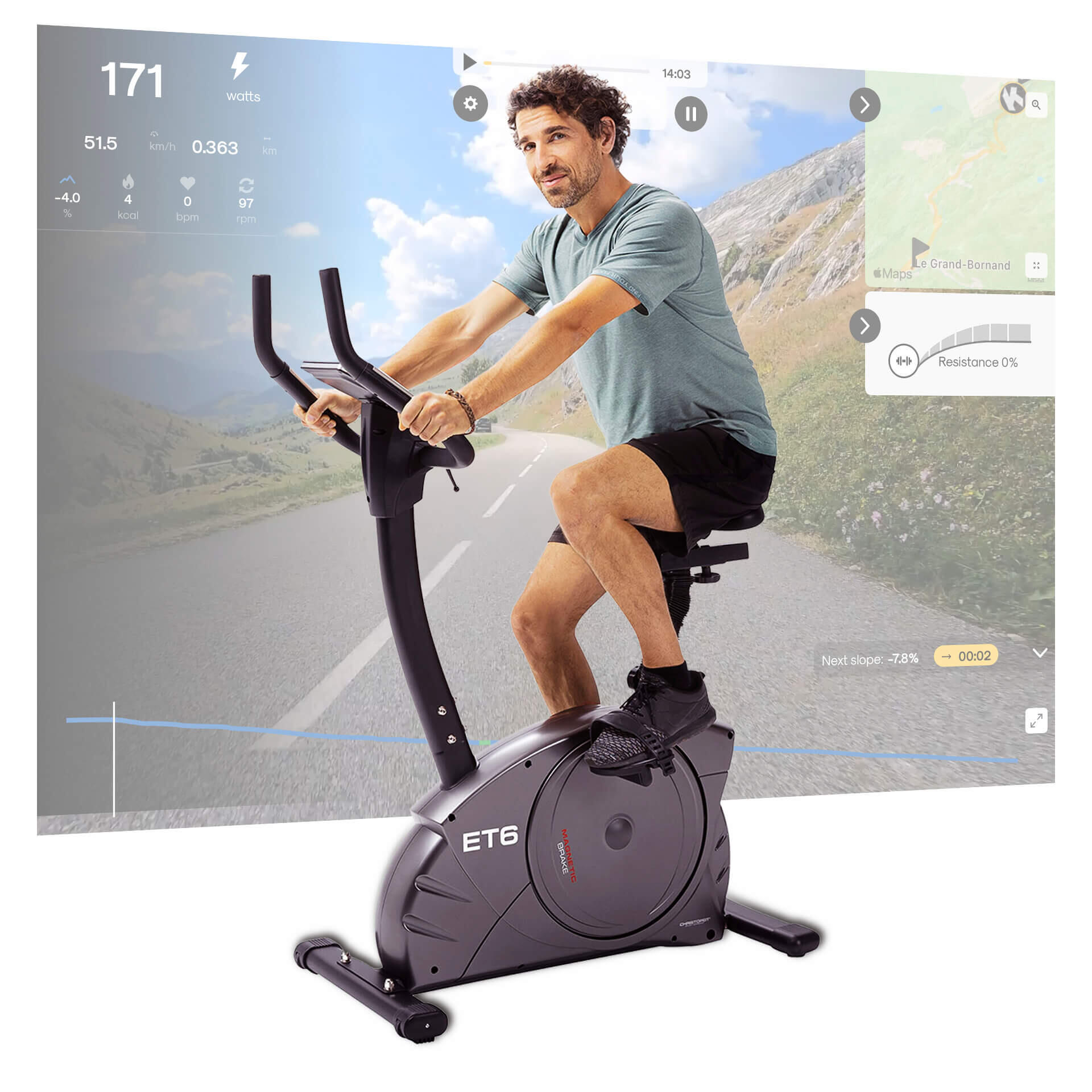 Vélo d'appartement - 150kg et 200cm incl. tapis + ceinture cardiaque - ET 6 2/7