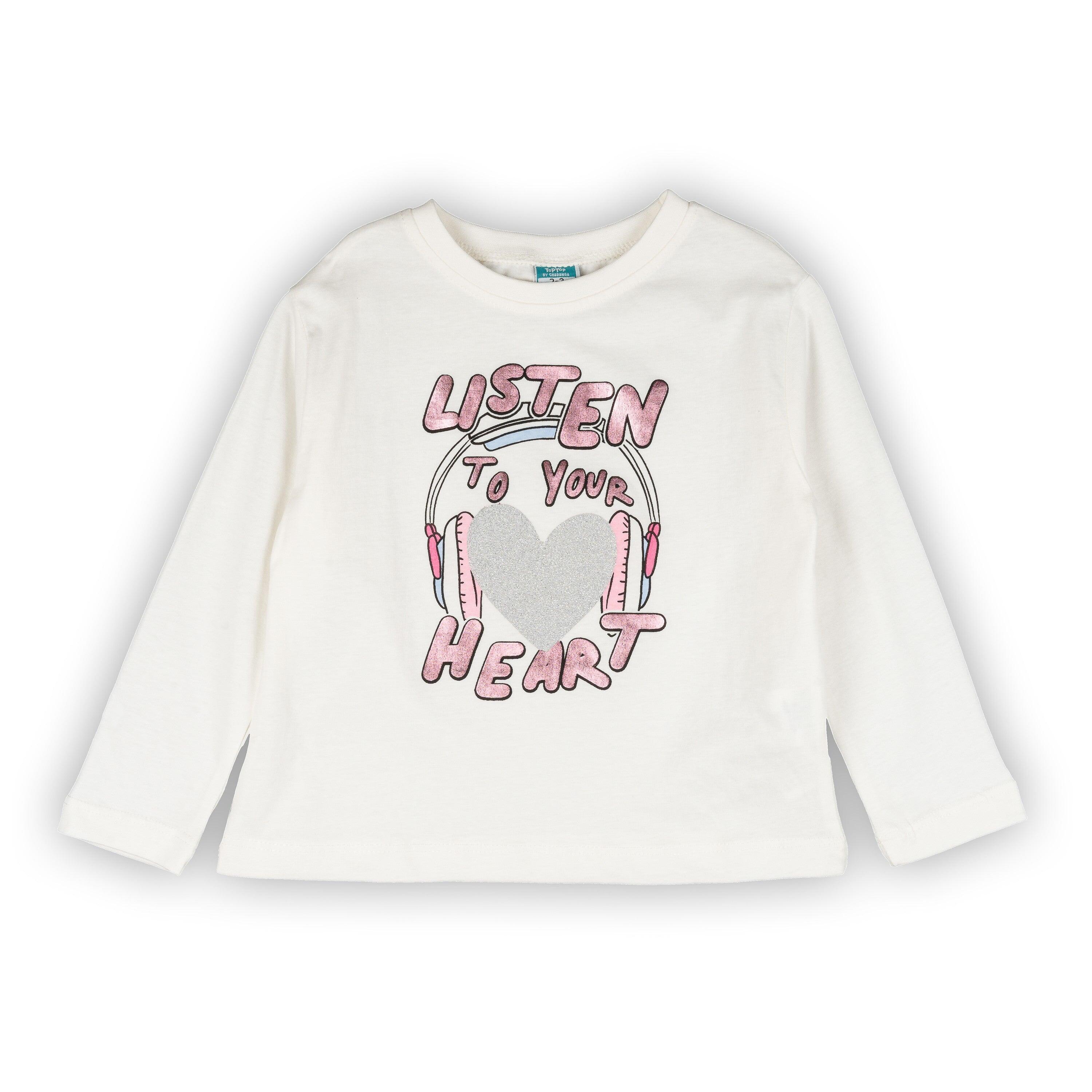 Camiseta infantil de manga comprida na cor off-white com estampa de 2/4