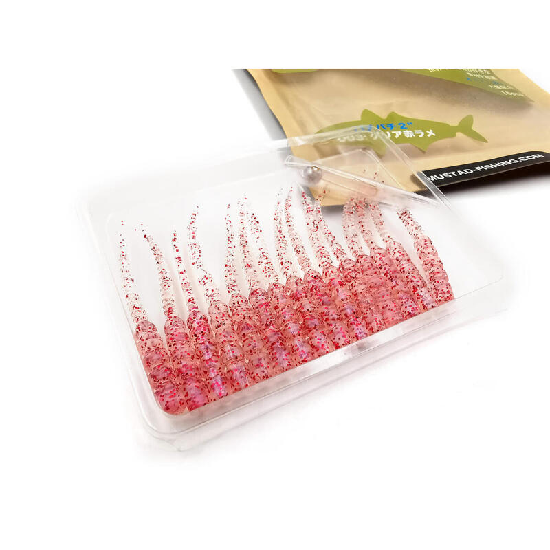 GRUB MUSTAD AJI MICRO BACHI 5 CM CLEAR RED GLITTER, 15 BUC / PLIC