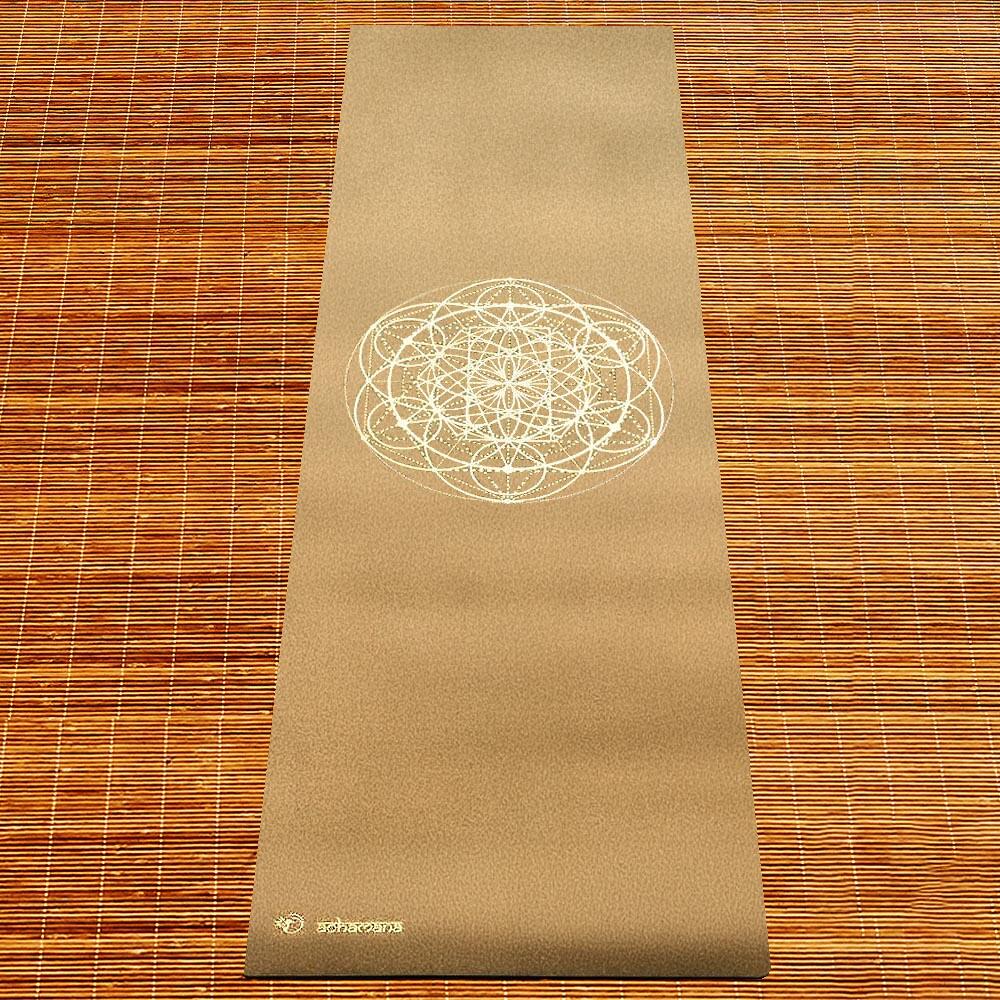 Kit Tapis de yoga caoutchouc & liège XXL 2,15m  + Sac liège - Fleur de vie or 4/7