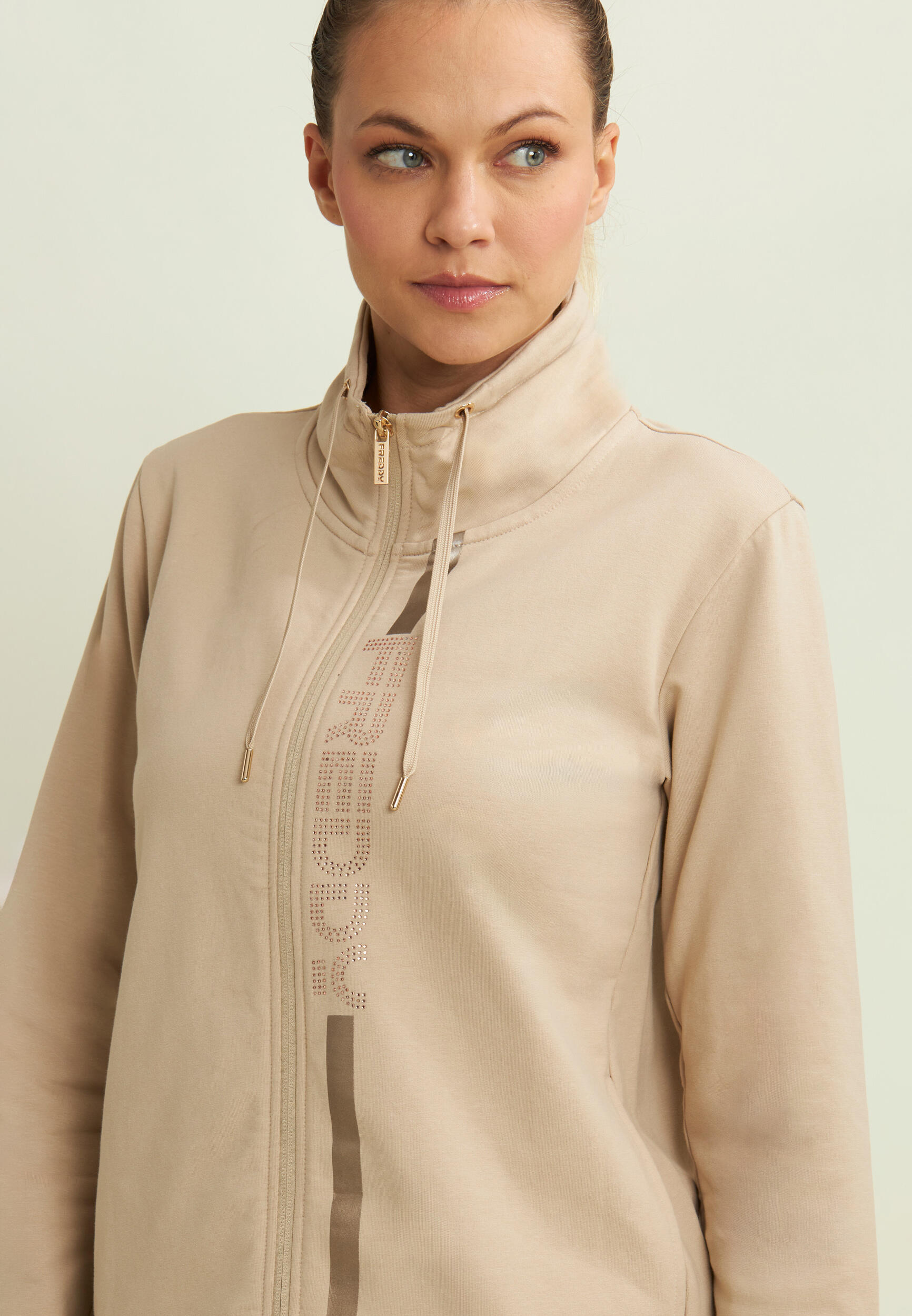 Damessweatshirt met ritssluiting, hoge kraag en gouden details 3/5