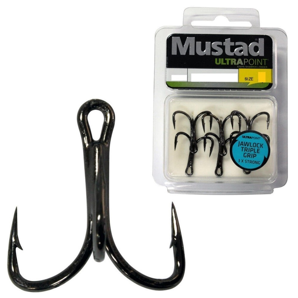 Size 4 Mustad TG77NPBN 3x Strong Jawlock Triple Grip Treble Hook-Chemical Sharp