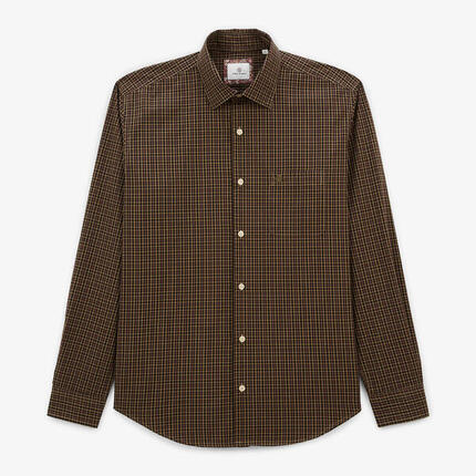 Chemise manches longues en coton à petits carreaux marron Charles