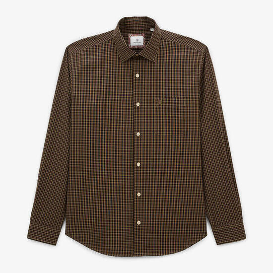 Chemise manches longues en coton à petits carreaux marron Charles