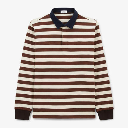 Maillot de rugby manches longues en coton rayé marron et blanc shitake Lens