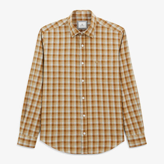 Chemise manches longues en coton à carreaux beige Charles